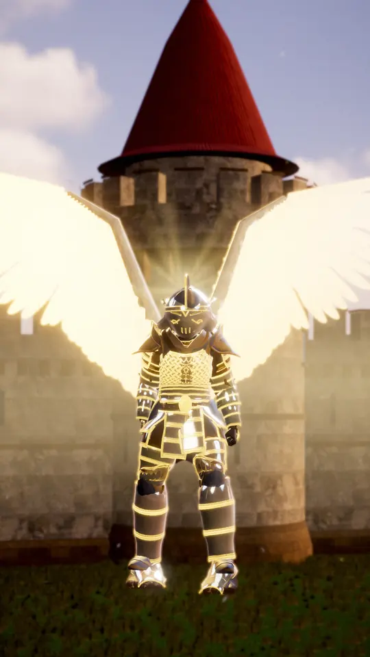 A Belnor champion with wings spread before the castle