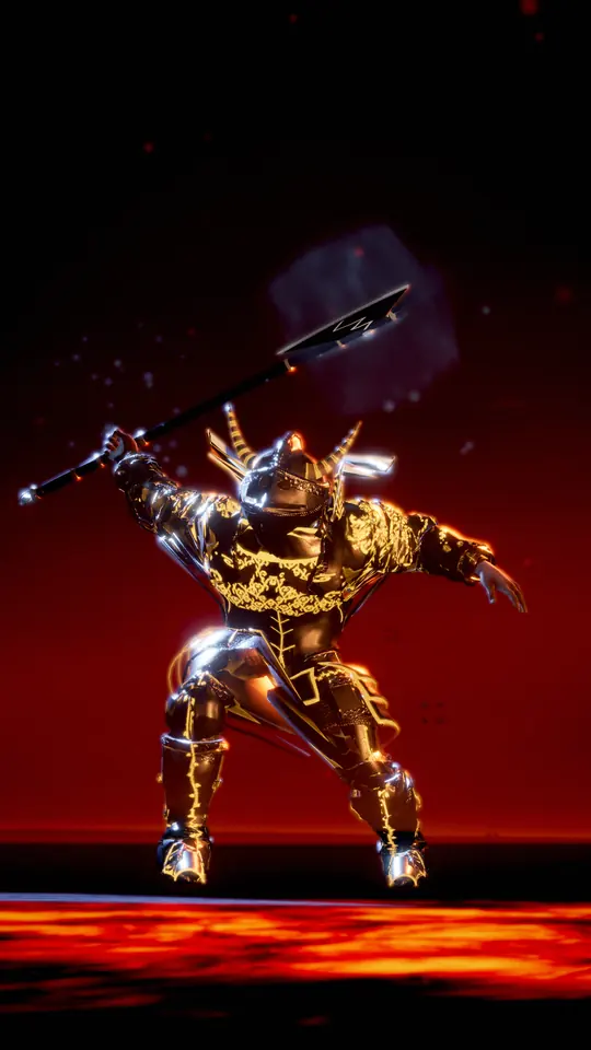 A Grimdur warrior swinging Thunderhew by a lava river